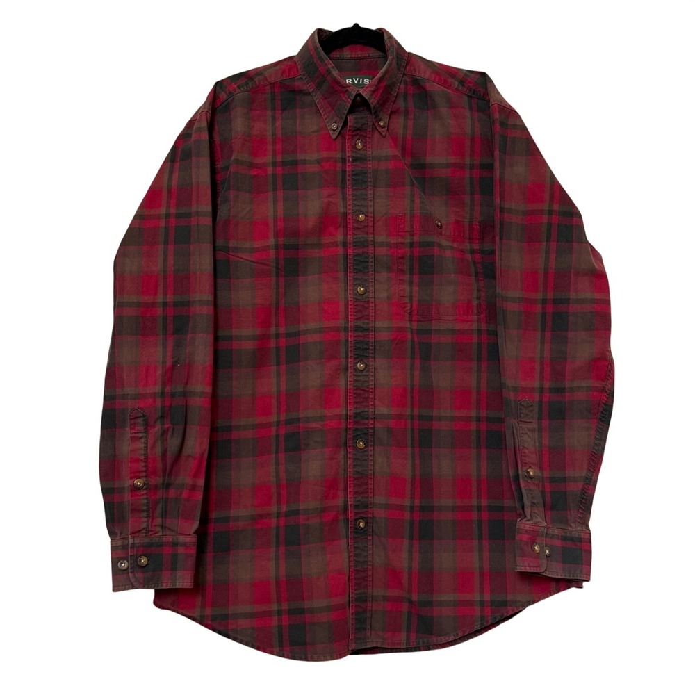 Orvis Red Brown Plaid 100% Cotton Button Down Shirt Long Sleeve L TL Casual